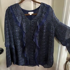 Belle by Kim Gravel navy blue v-neck woven blouse. Size XL